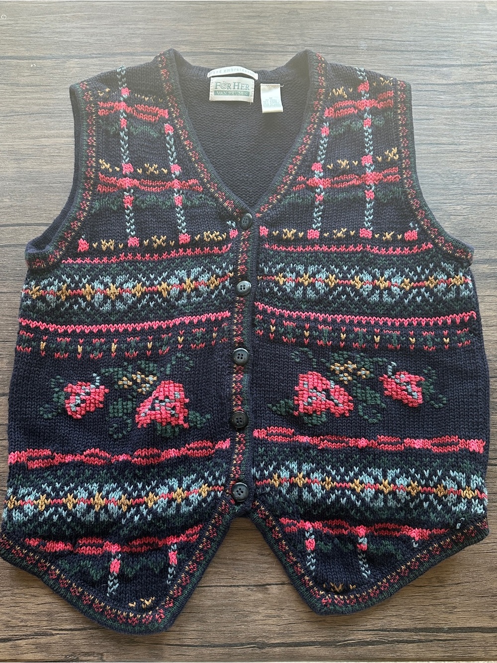 Van Heusen Navy Knit Vest with Red and Green Fair Isle Accents